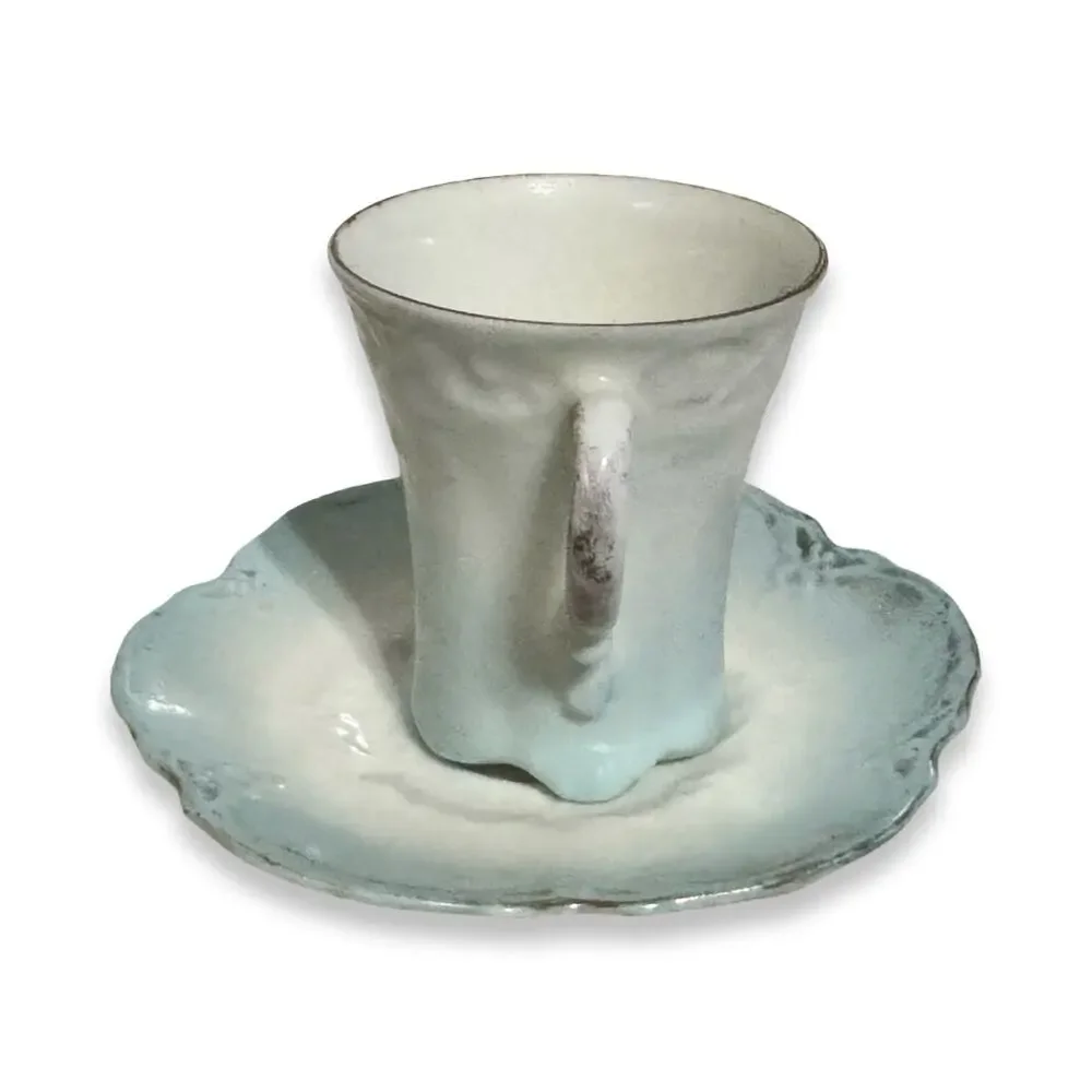 Antique Blue White Porcelain Footed Cup Saucer Embossed Lobed Scalloped